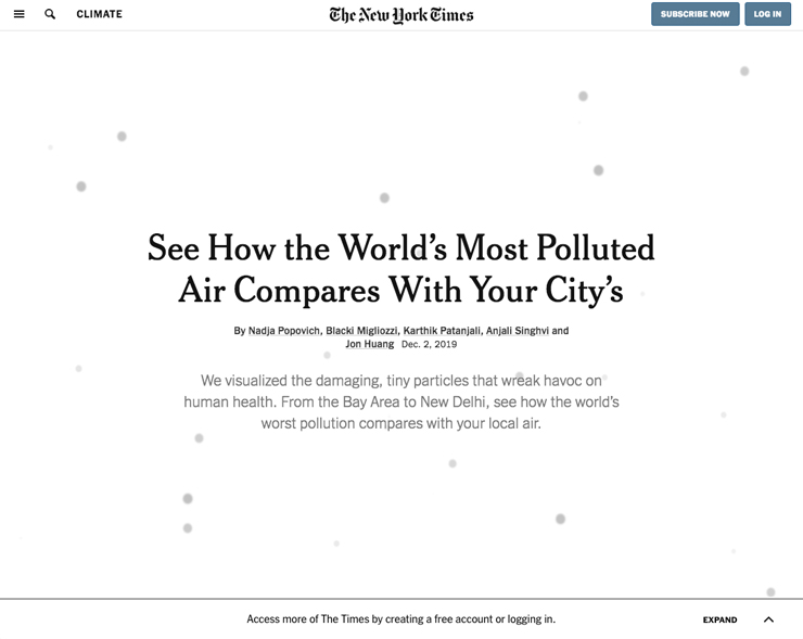 あなたの街の大気と比べて世界の大気汚染はどのくらいヒドいかを体験できるニューヨーク・タイムズのサイトのコンテンツ