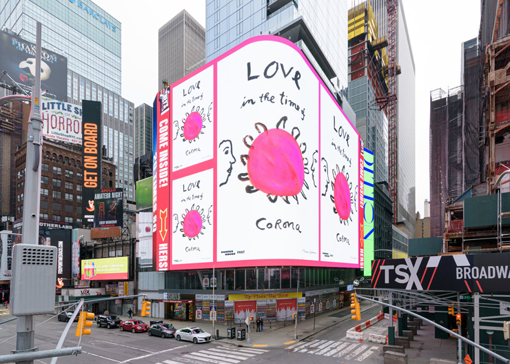 タイムズスクエアに掲げられた、著名グラフィックデザイナーによるコロナ対策キャンペーンビジュアル